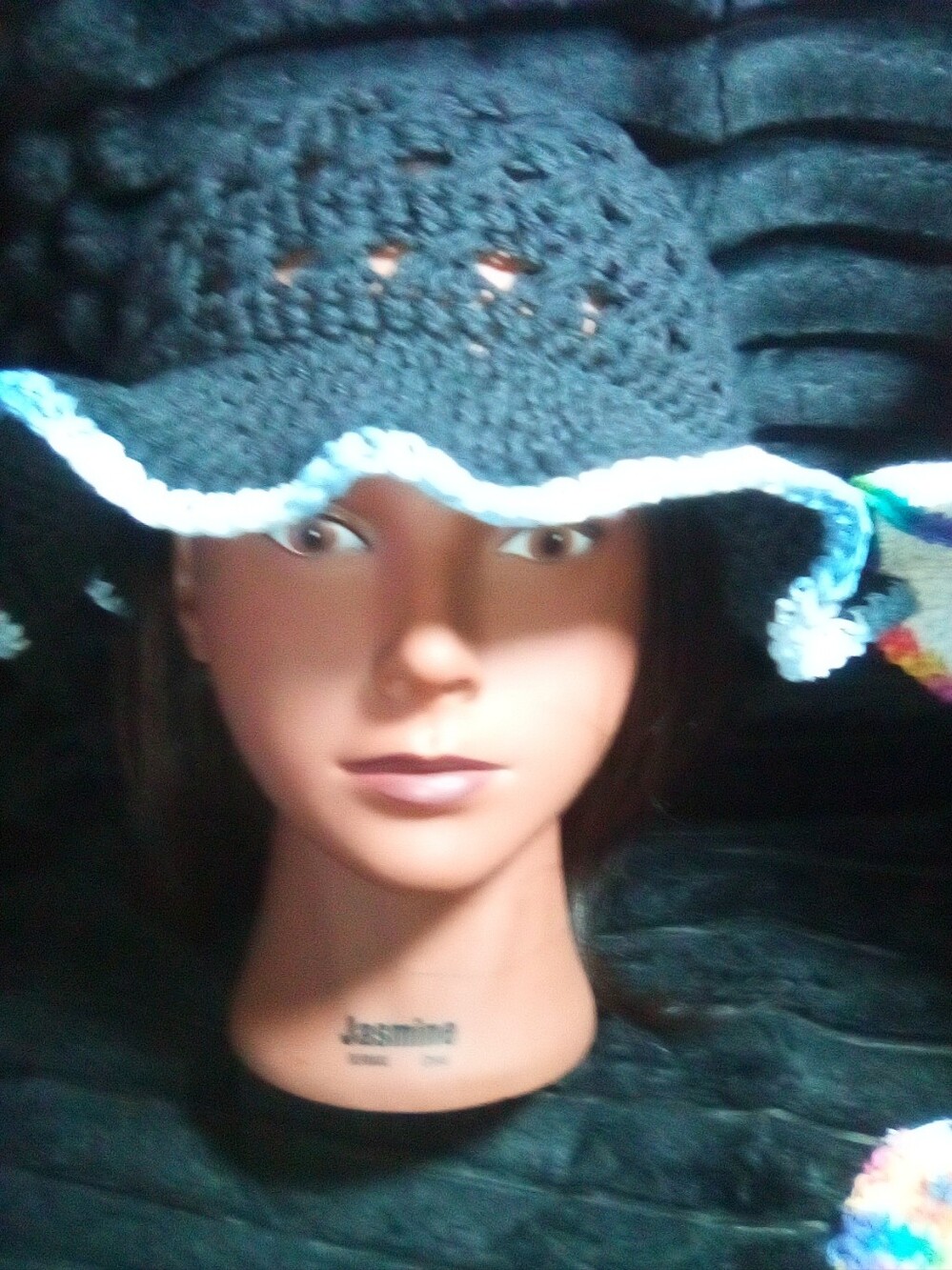 Handmade Crochet Black Sun Hat with White Trim